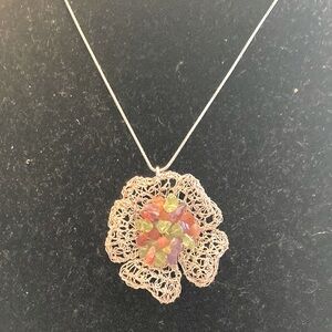 925 silver Handwoven Flower Pendant Necklace with Multicolor Gem Accents